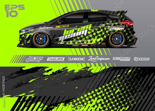 Car graphic livery design vector. Abstract stripe racing background for wrap race car, rally, drift car, cargo van, pickup truck and adventure vehicle. Full vector Eps 10. photo