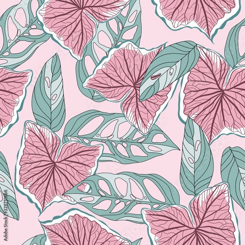 Hand drawn mixed kinds of exotic home plant leaves seamless pattern on pink background.