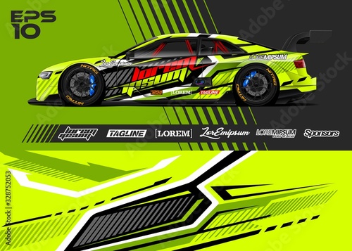 Car graphic livery design vector. Abstract stripe racing background for wrap race car, rally, drift car, cargo van, pickup truck and adventure vehicle. Full vector Eps 10.
