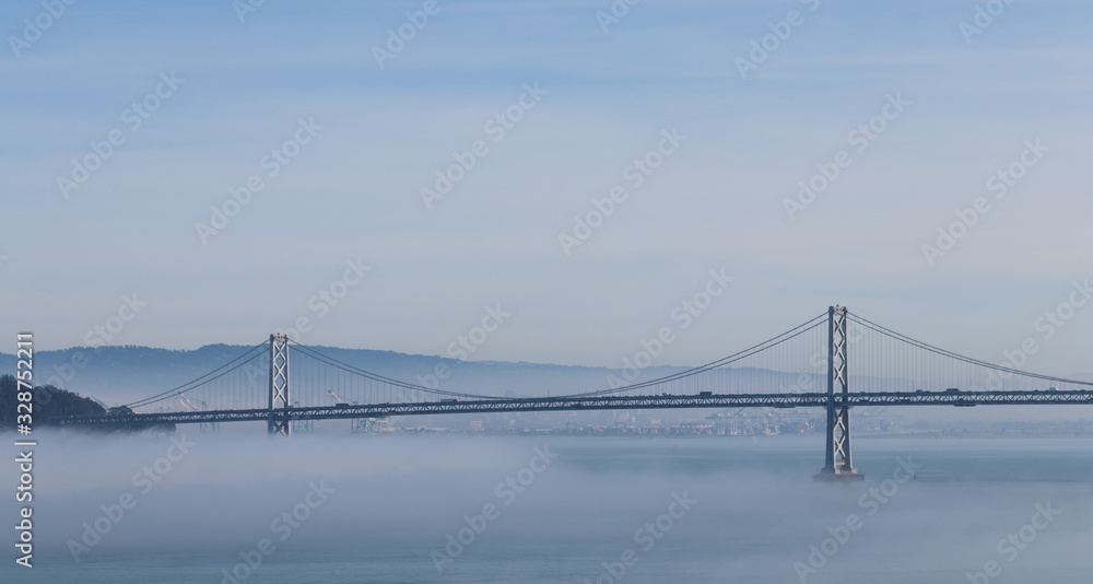 San Francisco Oakland Bay Bridge in Fog Panoramic San Francisco Oakland Bay Bridge in Fog Panoramic
