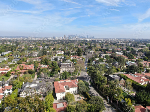 Aerial view of wealthy area with big houses in Central Los Angeles , California. USA