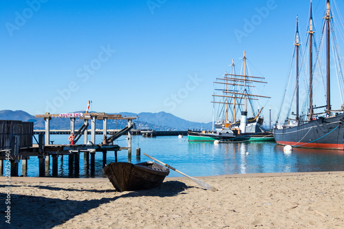 San Francisco Beach with Rowing Boat and Large Boats