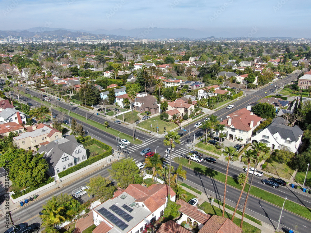 Aerial view of wealthy area with big houses in Central Los Angeles , California. USA