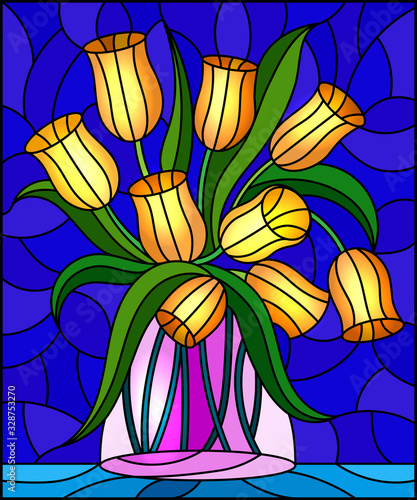 Illustration in stained glass style with still life, bouquet of yellow Tulips in a glass jar on a blue background