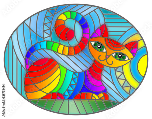 Illustration in stained glass style with abstract geometric cat and the sun on an abstract blue background, oval image