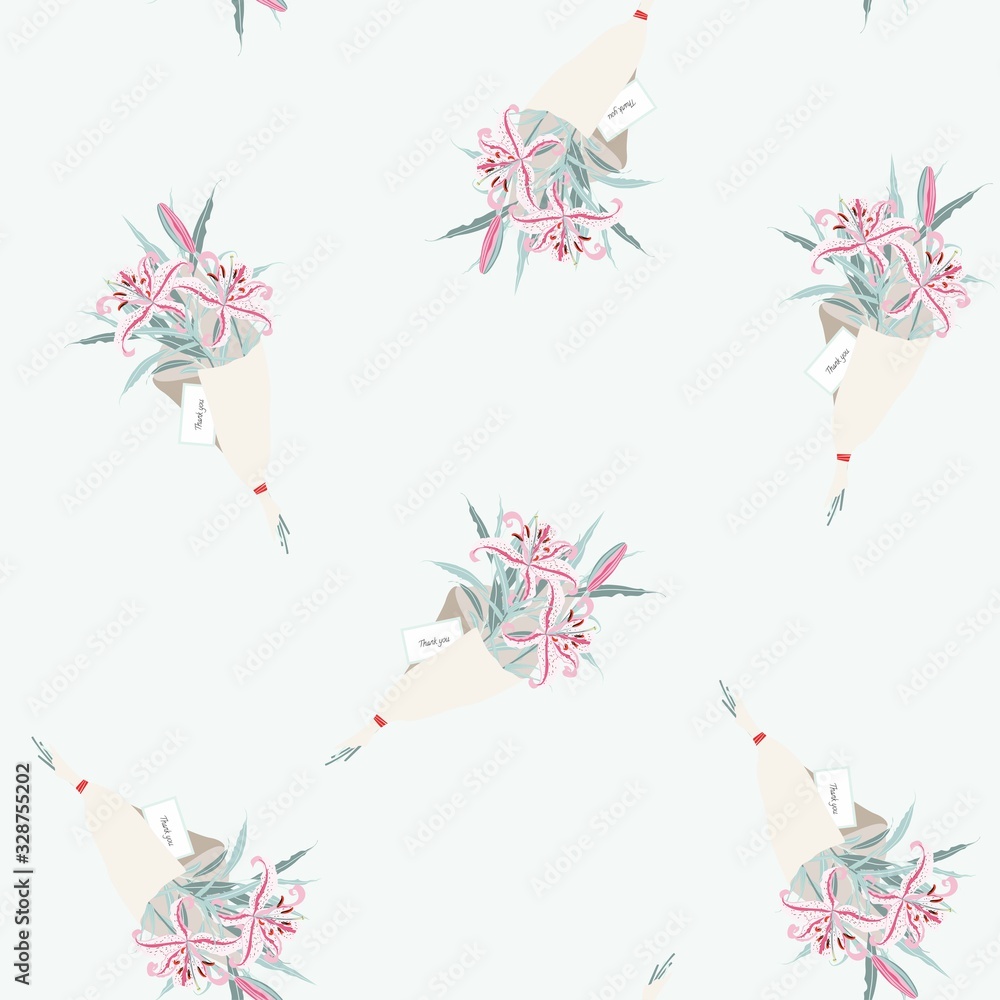 Naklejka Beautiful wedding bouquet seamless pattern isolated on mint background in a flat style. Wedding flat flowers congratulation card isolated.