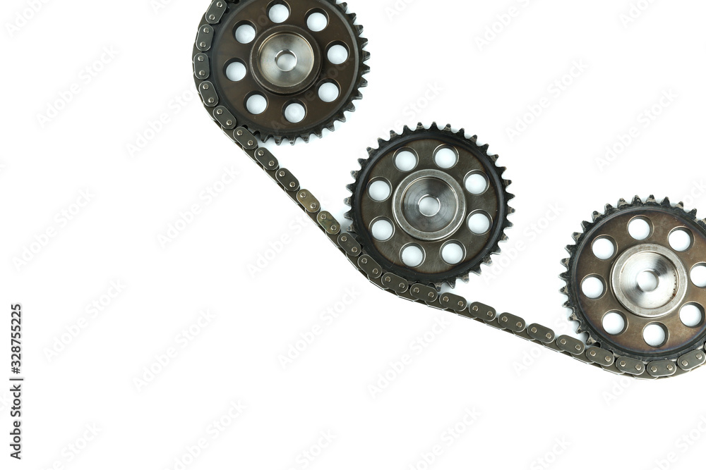 engine chain and gears isolated on white background engine chain and gears isolated on white background