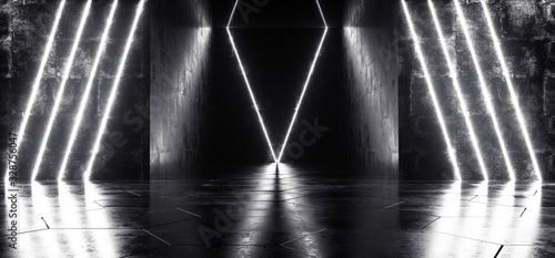 Dark Neon Background Sci Fi Modern Futuristic Grunge Concrete Room Vertical White Glowing Light Tubes Lasers Empty Space For Text And Reflections 3D Rendering