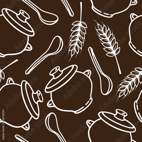 Vector seamless pattern with spikes, pots and spoons