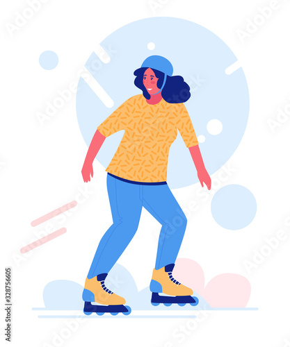 Roller skating young woman. Girl rollerblading. Extreme sport.