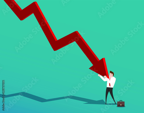 Red arrow decline. Businessman pushed graph downward. Concept of bankruptcy, failure, recession, crisis, target, goal, vision and financial losses on stock exchange market.