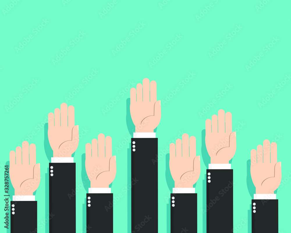 Fototapeta premium Businessman hands up. meeting, vote, question, comment, teamwork. business concept
