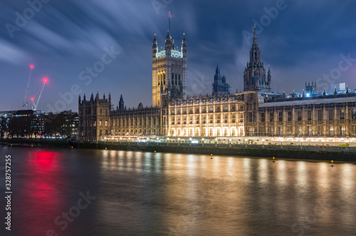 London in the night  Houses of Parliament  Palace of Westminster  over river Thames