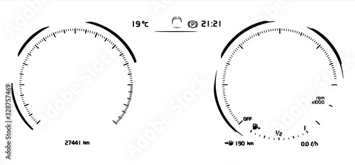 Illustration of empty car dashboard panel concept. Digital instrument cluster without gauge needles and digits. Two blank speedometer and tachometer circle dials. Black and white hand drawn graphic.