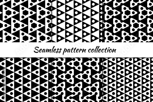 Circles, triangles, hexagons seamless patterns collection. Folk prints. Ethnic ornaments set. Tribal wallpapers kit