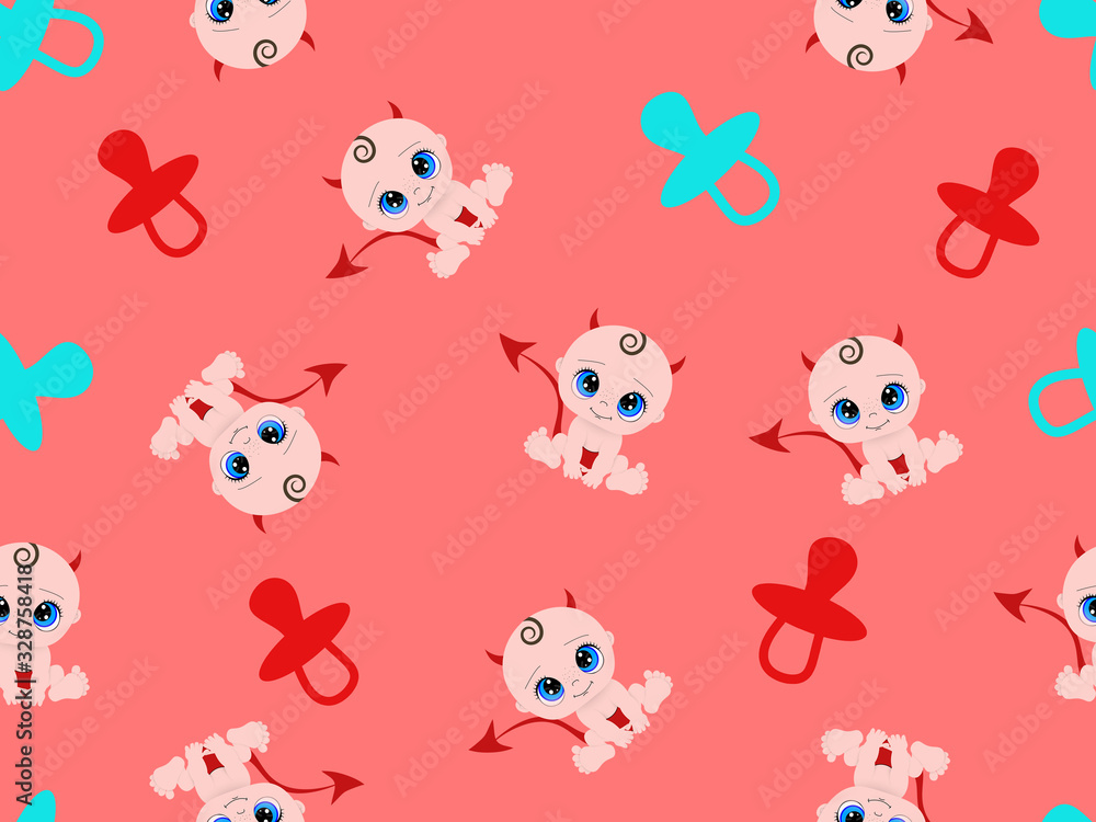 Sitting infant in diaper with devil horns and tail on pink background. Sitting infant in diaper with devil horns and tail on pink background.