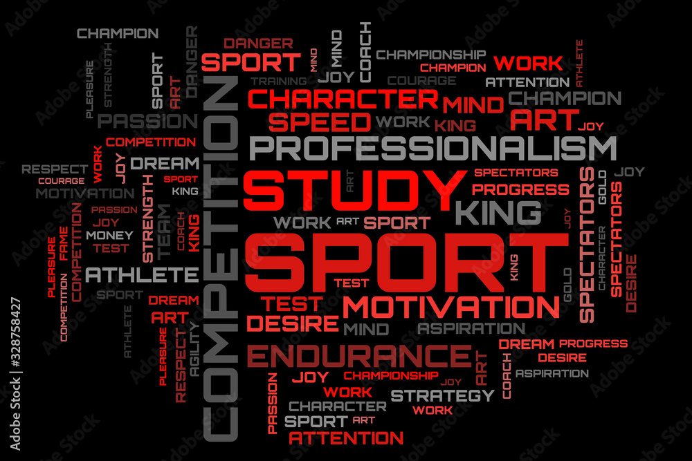 Red word collage on white background. Beautiful red sport word cloud background