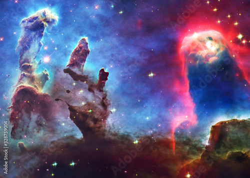 Fototapeta Naklejka Na Ścianę i Meble -  Somewhere in deep space. Pillars of creation and space dust. Elements of this image were furnished by NASA