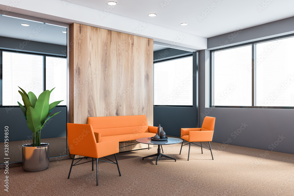 Fototapeta premium Grey and wooden office waiting room with sofa