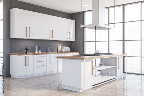 Panoramic gray kitchen corner with island