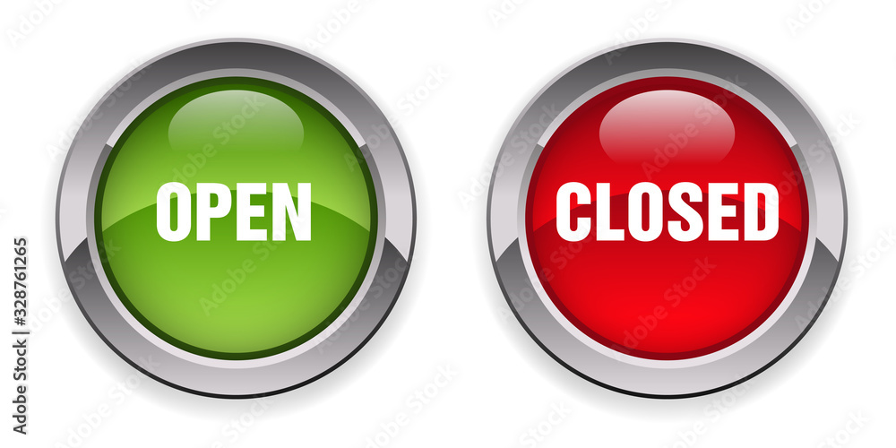 open closed icon silver metallic glossy icons, red, green set of modern design buttons isolated on white background 