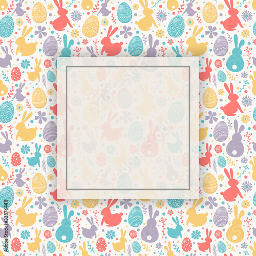 Colourful Easter texture with decorative eggs, bunnies and flowers. Background with copyspace. Vector