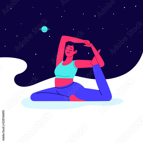 Flat illustration of a person practicing yoga with a night sky on the background