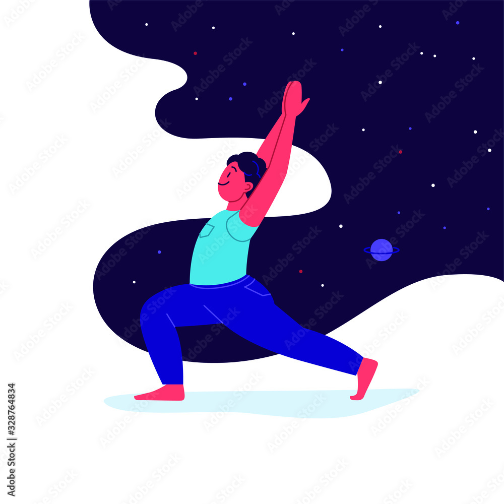 Flat illustration of a person practicing yoga with a night sky on the background