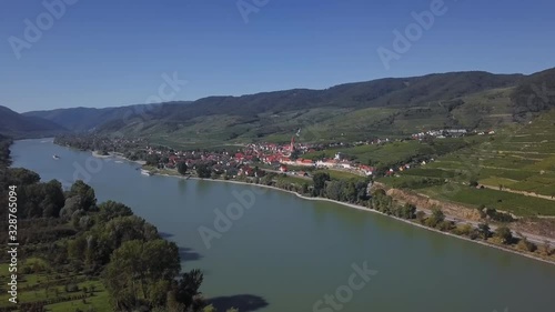 Aerial panorama of Weisenkirchen in der Wachau town and vineyards. Wachau valley, Austria photo