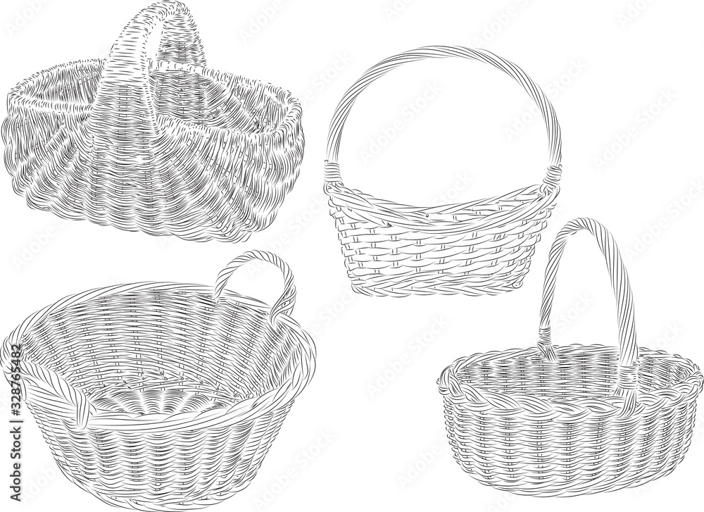 Obraz premium Vector illustration imitating a pencil drawing. Image of baskets. Four different form baskets, with a different type of weave.