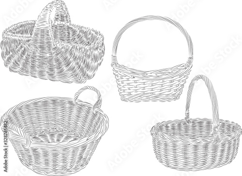 Vector illustration imitating a pencil drawing. Image of baskets. Four different form baskets, with a different type of weave.