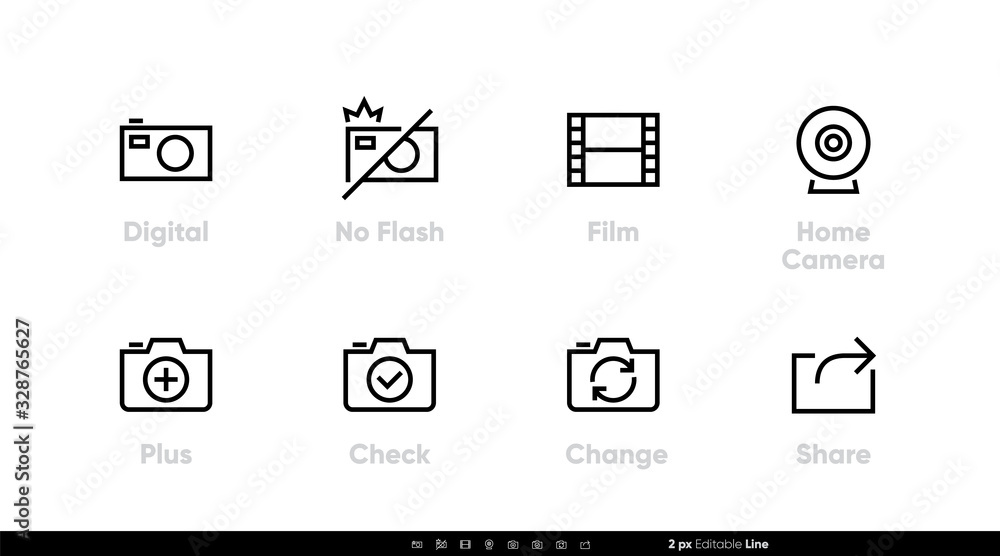 Photo Camera icon vector. Digital, No Flash, Film, Home Camera. Editable line set isolated vector