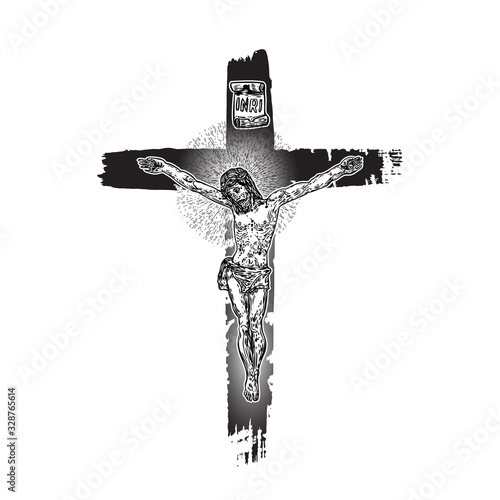 Jesus on cross painted with ink brush. Son of God Jesus Christ from mount Golgotha. Hand drawn art sketch. Vector.