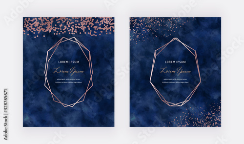 Navy blue watercolor background with rose gold confetti and geometric polygonal lines frames. Modern vector design for wedding invitation, greeting, banner, flyer, poster, save the date