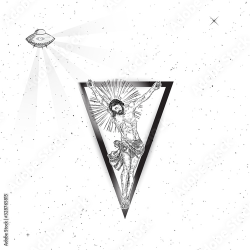 Jesus Christ crucifixion in the starry sky space tattoo. Prophet on sacred geometry with hovering alien UFO with seeing eye beams surreal art. Symbol of modern Christianity prayer and religion Vector.