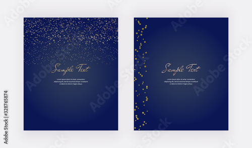 Gold confetti on the dark blue background. Modern vector design for wedding invitation, greeting, banner, flyer, poster, save the date