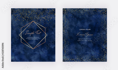 Gold confetti on the navy blue watercolor background and geometric polygonal lines frame. Modern vector design for wedding invitation, greeting, banner, flyer, poster, save the date