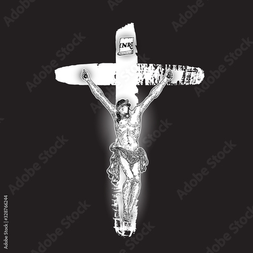 Jesus Christ crucifixion on hand painted ink brush cross on black background. Flash body tattoo. Symbol of Christianity prayer and religion. Concept spiritual and sacred holy. Vector.