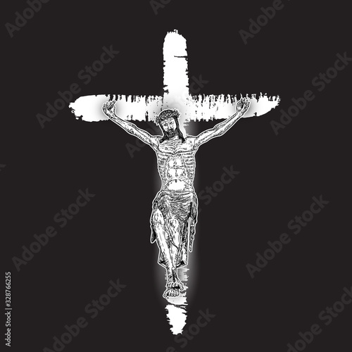 Jesus Christ crucifixion on hand painted ink brush cross on black background. Flash body tattoo. Symbol of Christianity prayer and religion. Concept spiritual and sacred holy. Vector.