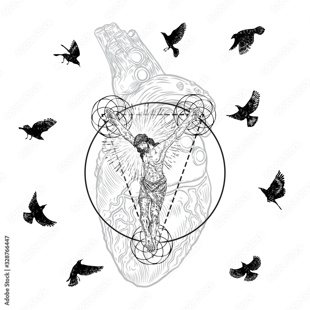 Jesus Christ crucified and raven or crow birds flock flying around him