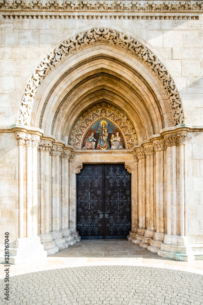 Main entrance of St. Matthias Church in Budapest Hungary.