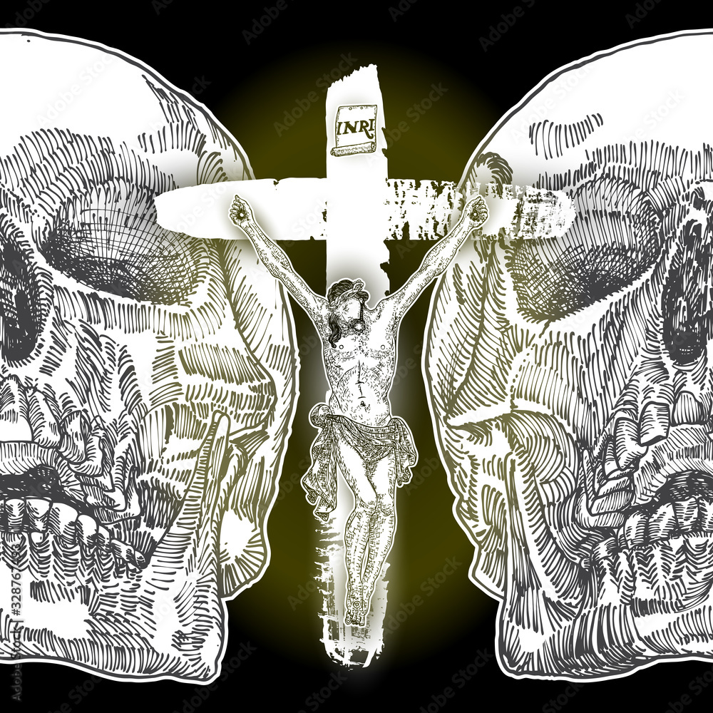 Jesus Christ crucifixion with drawing of skulls, symbol of saint. Flash