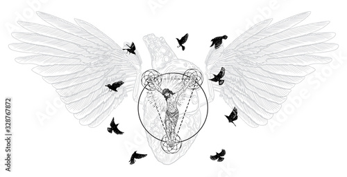 Jesus Christ crucified on sacred geometry triangle tattoo with sacred heart and wings in space. Symbol of Christianity love, prayer and religion. Mystical spiritual experience. Vector.