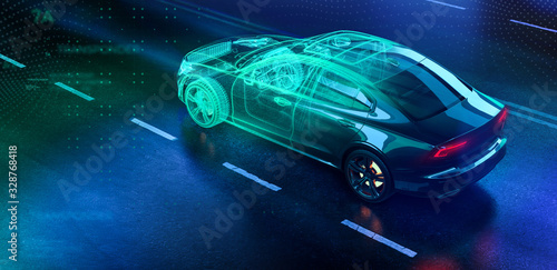 Modern car technology concept with wireframe intersection (3D illustration)