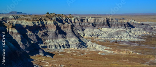 The Painted Desert on a sunny day. Diverse sedimentary rocks and clay washed out by water. Petrified Forest National Park, USA, Arizona