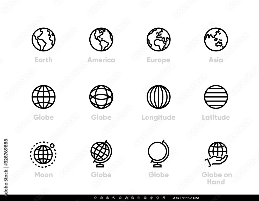 Globe and Continents Editable Line Icons Globe and Continents Editable Line Icons