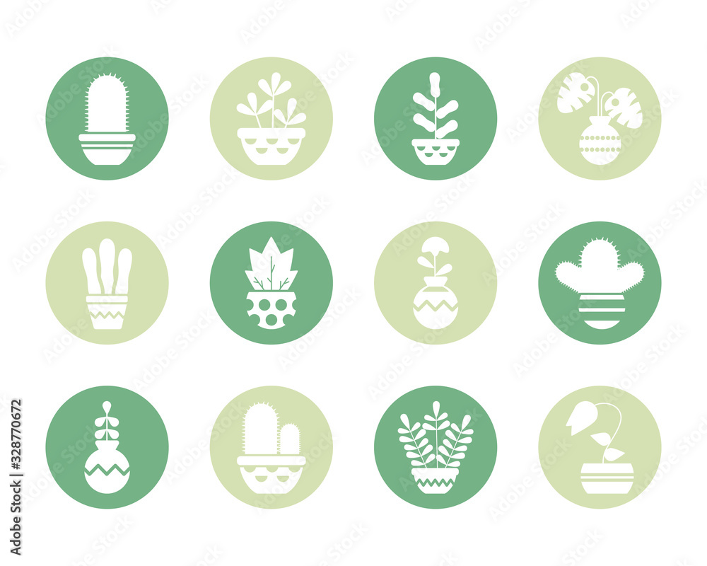 set of icons houseplants with potted, block and flat style icon set of icons houseplants with potted, block and flat style icon