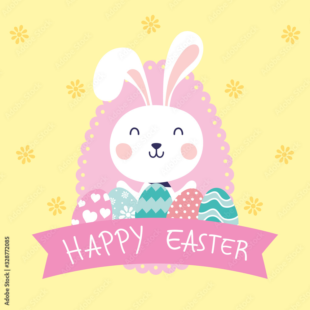 happy easter celebration card with rabbit and eggs painted