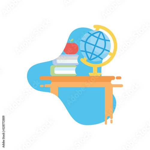 apple over school books and global sphere flat block style icon vector design