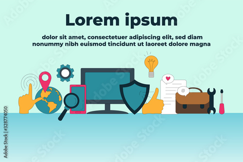 Web page composition with seo simple color icons. Business, seo and social marketing concept